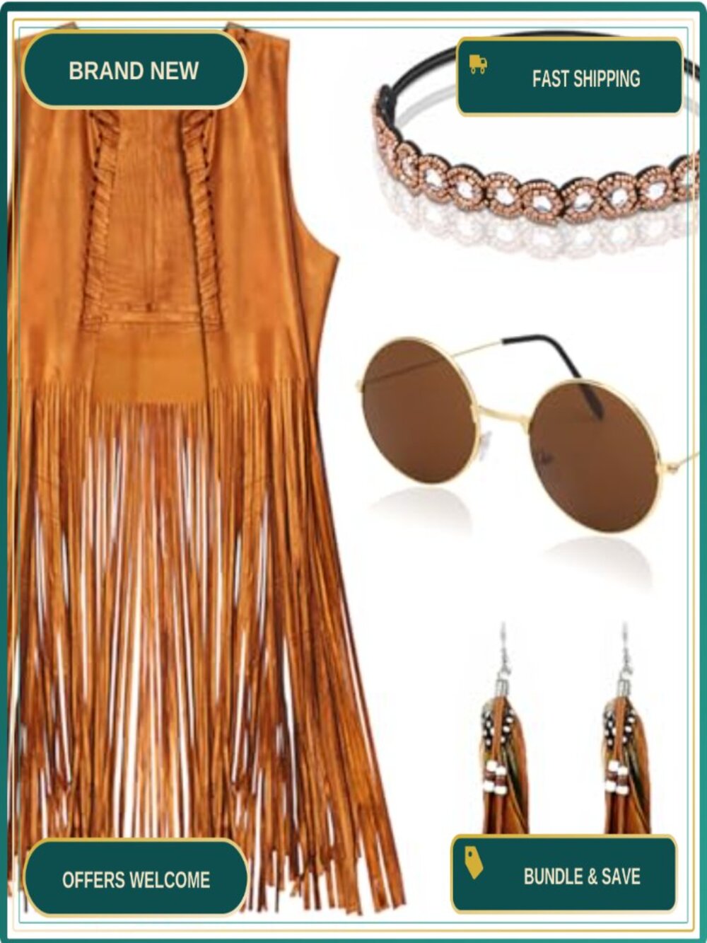 Women's 60s 70s Fringe Vest Costume Set with Earrings Headband Sunglasses